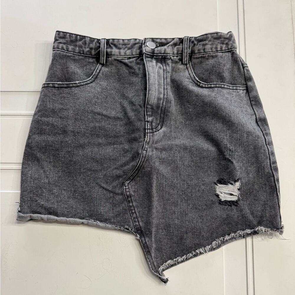 Le Lis Womens Sz S Asymmetric Hem Denim Skirt Black Gray Distressed Cotton
